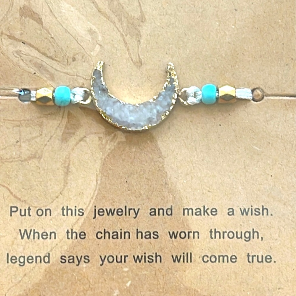 Make a Wish🌙Crescent Crystal Moon&Turquoise Stone Surf Cord Adjustable Bracelet